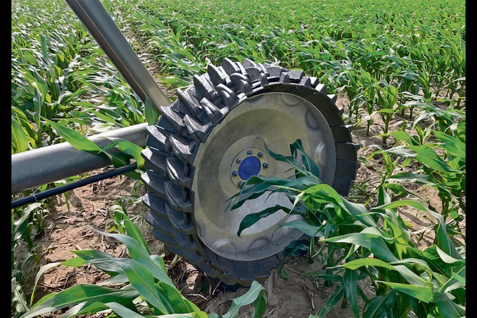 The Swift wheel produced by Shark Wheels is a replacement for conventional irrigation tires. Regular irrigation tires push soil away from the footprint, creating trenches up to 14 inches deep in side-by-side field testing. The Swift wheel pulls soil into the centre of the footprint, leaving only a one-inch scratch on the surface. 