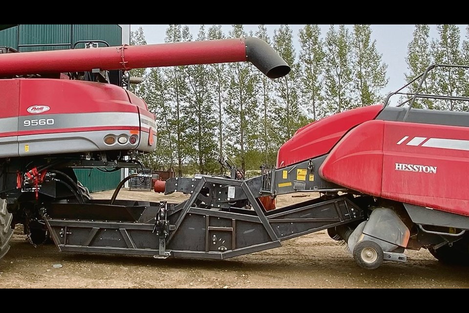 Ian Thorson’s new combine/baler/combo gets its power from the savings in chopping and spreading. Between 180 and 200 h.p. were saved, while the baler and transfer unit use about 150 h.p. from the back of the machine.