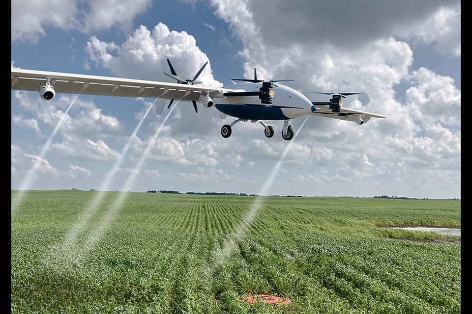 The fixed-wing spray drone by Precision AI uses artificial intelligence and an advanced camera and application system to target individual weeds within crop canopies. The drone has a seven-metre wingspan and was designed to apply herbicides while travelling 70 km-h at a height of eight to 10 feet. 