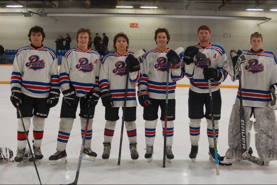 Six players from the Preeceville Pats U18 team had the opportunity to participate in the All Star Hockey skills and game held in Preeceville on Jan. 14.  Pats players, from left, were: Brody Shankowsky, Hudsyn Nelson, Spencer Leech, Kaiden Masley, Tomas Hauber and Skylar Ryczak.