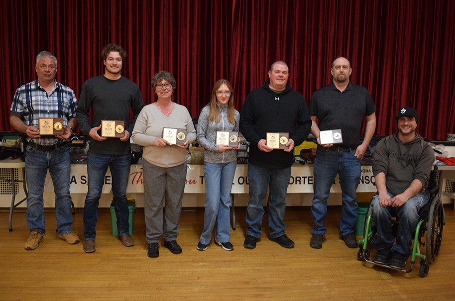 Award winners at the Canora Wildlife Federation Banquet & Fundraiser on April 6, from left, were: Greg Landstad (men’s typical white-tailed deer), Brendon Landstad (men’s typical mule deer), Leslie Hryhoriw (women’s typical white-tailed deer), Aubrie Monette (youth female typical white-tailed deer), Garrett Frost (men’s non-typical white-tailed deer), Ryan Monette (men’s elk), along with CWF Vice-President Josh Gogol (presenter).