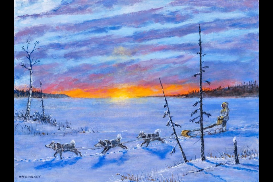 Heading Home by Elder John Halkett is one of 20 pieces of art in the Dog Medicine art exhibition inspired by the research of Dr. Jordan Woodsworth (DVM, PhD). 