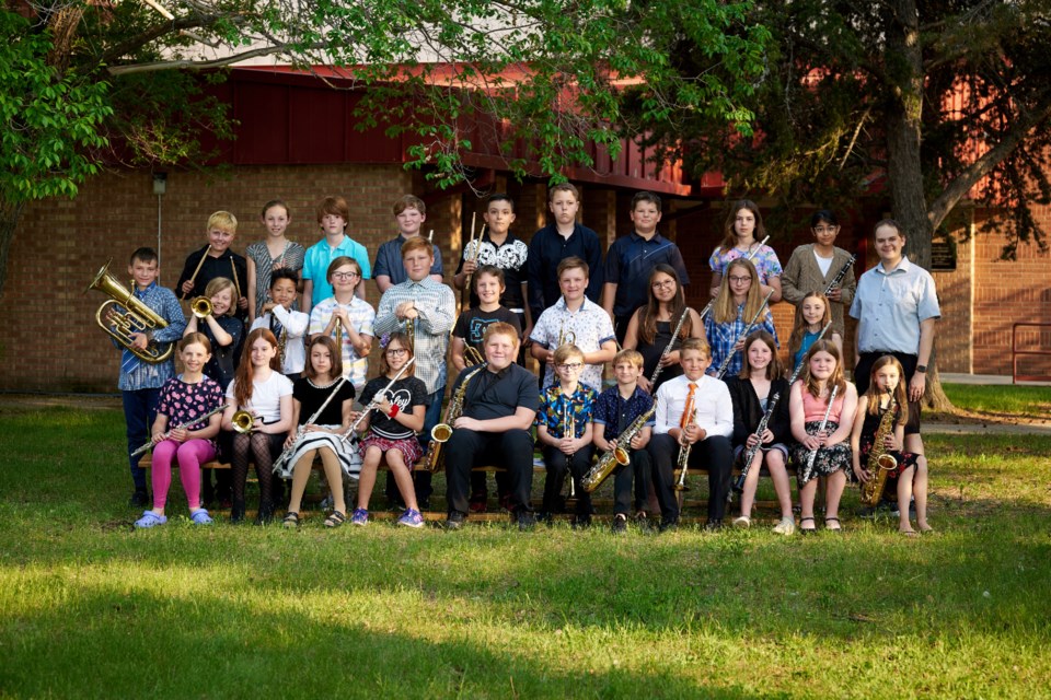 Members of the Good Spirit School Division Beginner Band, from left, were: (back row) Nixon Lukey, Gracie Peters, Sutter Challoner, Liam Bashforth, Tayven Friday, Jodayne Bertram, Chase Danielson, Kara Pederson and Skye Houghton; (middle) Jayden Poworoznyk-Bates, Hutch Nelson, Tanner Townsend, Cooper Stack, Derwin Boucher, Lucas Sather, Bennett Carlson, Echo Sabiston, Skylee Petras, Avery Mitchell and Nathan Seghers (band instructor); and, (front) Greta Craig, Rachel Mentanko, Maggie Lemaigre, Mykelti Johnstone, Seth Propp, Ethan Chabun, Keltyn Konkel, Dillon Serdachny, Gemma Rudachyk, Teagan Kozminiuk and Lily Beatty. 