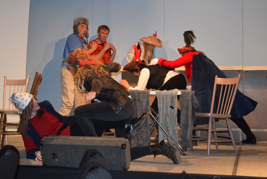 During Pirates of the River Saskatchewan, A brawl breaks out at the pub with the pirates in the middle of the action, and Gus (Steve Merriam) and the Master of the Pub (Cal Tomilin) watching from outside the fray.