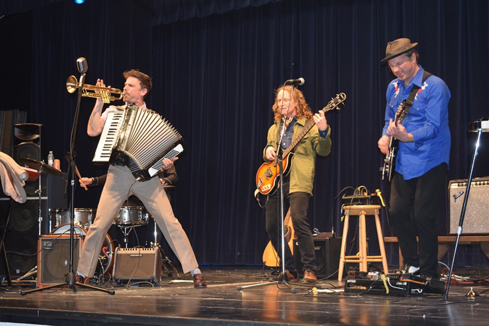Jack Garton demonstrated his talents throughout the Canora concert on April 18, including playing his trumpet and accordion at the same time.