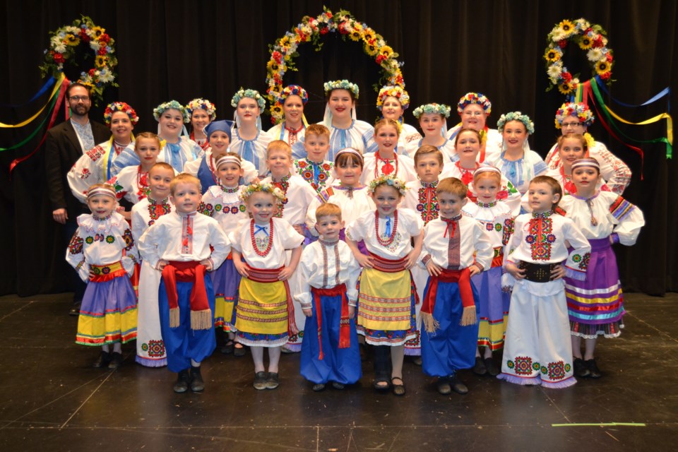 Members of the Ukrainian Dance Club from left: (Back Row) Instructor Eric Sliva, Kylee Meroniuk, Tecia Fincaryk
Jerilyn Radawetz, Sandra Johnson, Brandi Arneson and Loranda Shuba and: (fourth row) Amber MacDonald, Graison Belesky, Olivia Ivanochko, Allie Babiuk and Eva Romanchuk and (middle) Lily Beatty, Maycee Johnson, Oliver Anaka, Lindy Romanchuk, Karlie MacDonald and Emily Belesky and; (second row) Sophia Storoschuk, Nicholas Chalupiak, Brinley Robinson, Will Prestie, Hazely Preston, Blake Beatty, Georgia van Niewenhuyze and Josie Moekerk and; (front) Connor Prestie, Everleigh Anaka, Hartley Hulbert, Hailey Seghers, Hudson Babiarz and Avery Storoschuk. Missing: Tara Romanchuk, Amanda Kowalchuk.
