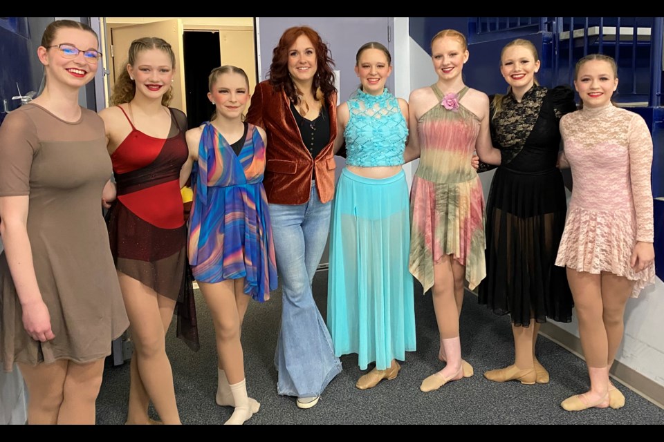 Dance students Evelyn Huckabay, Addison Nagel, Hope Olson, Miss Giselle, Hannah Rhodes, Ava Lidberg, Kaelyn Snape, and Carina Stevenson. 
