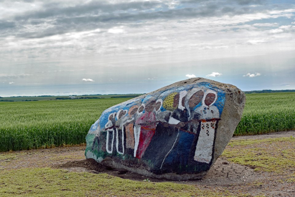 A mural on a stone will greet visitors of the Doukhobor Dugout House.