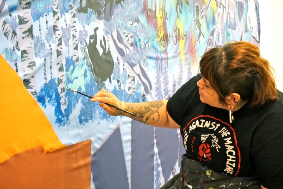 Cree-Métis artist Geanna Dunbar has been working on a big mural at the EAGM's Gallery II lately. The piece will be introduced to the public during the meet and greet on Sept. 15.                               