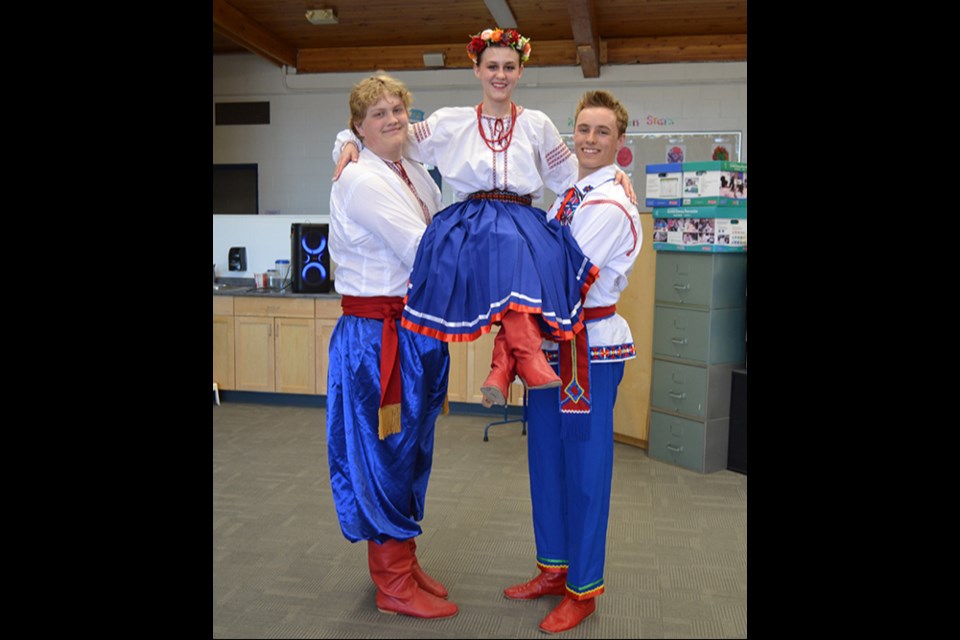 Members of the Canora Veselka Dance Club who were guest performers at the Barveenok Ukrainian Dance Club spring concert in Sturgis on April 14, from left, were: Noah Prychak, Makayla Heshka and Jack Craig. Jack and Makayla performed a Poltava dance, and then later in the program, they were joined by Noah Prychak in a lively and fast paced Poltava dance.