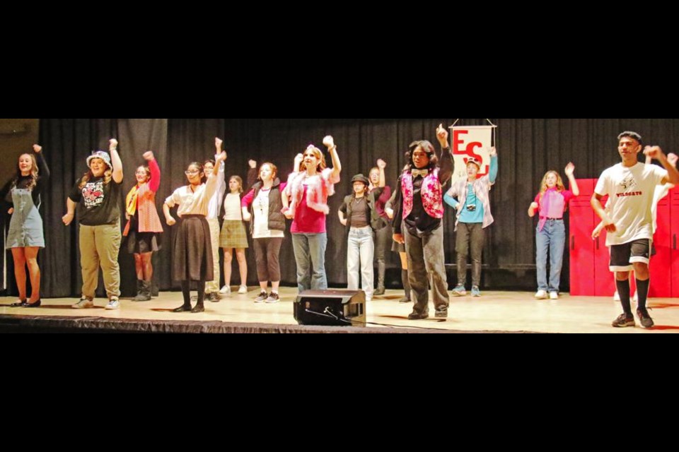 The cast performed the Wildcat Cheer in this scene from High School Musical Jr. to be performed by Grades 7-9 at St. Michael School on May 8 and 12.