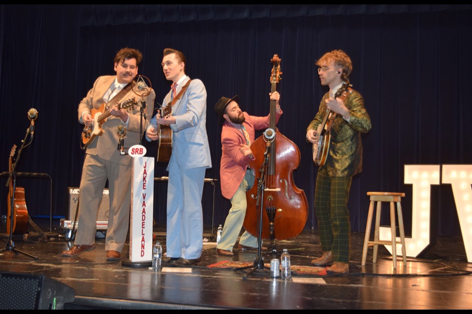 Jake Vaadeland & The Sturgeon River Boys shared their musical talents in a distinctive mix of  old-time country, rockabilly and bluegrass at Canora Composite School on Jan. 10. From left, were: Joel Rohs (electric guitar, high harmony vocals), Vaadeland (lead vocals, acoustic guitar, banjo), Stephen Williams (upright bass) and Jaxon Lalonde (banjo, baritone harmony vocals).