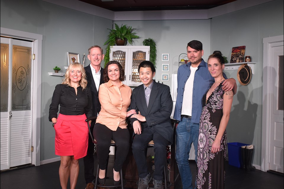 The cast of Maggie's Getting Married: Crystal Gilbert (Cas); Fraser Glen (Tom); Rebekka Landon (Maggie); Gregory Kwong (Russell); Maurie Gagne (Axel); and Amanda Gies (Wanda).