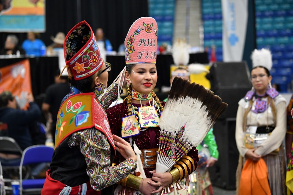 Lyrik Albert at the FSIN Powwow pictured receiving the pink crown as Miss FSIN in 2023.