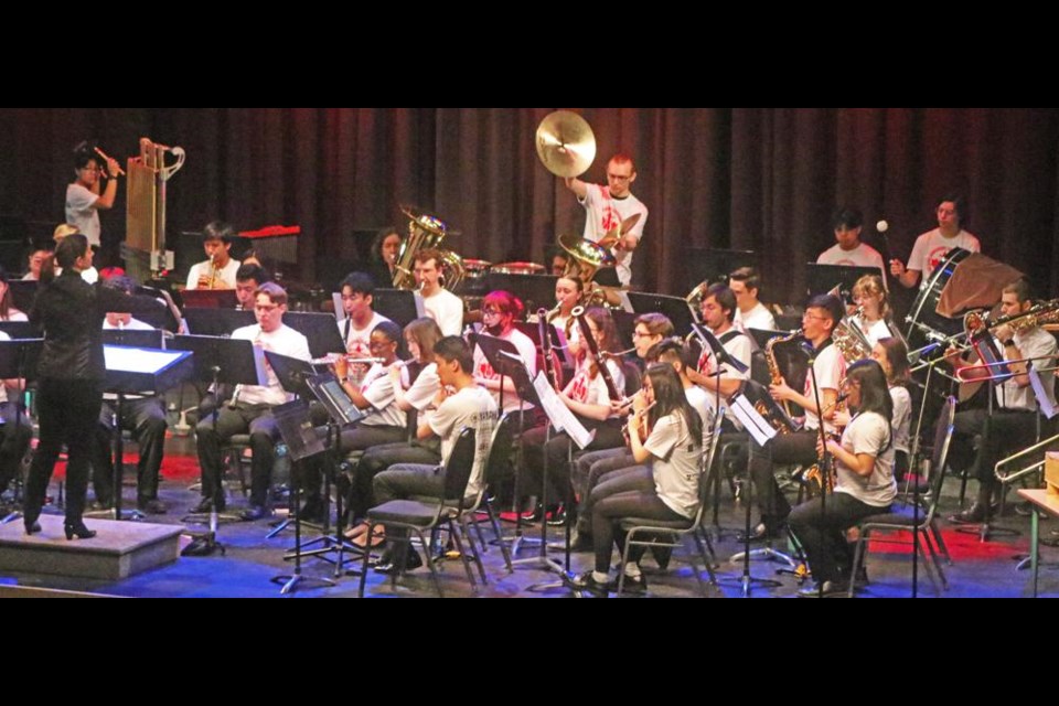 The National Youth Band of Canada played a concert for band students in Weyburn at the Cugnet Centre on Wednesday morning. WCS grad Max Hiske is a member of the band in percussion, seen at the back playing the cymbals.