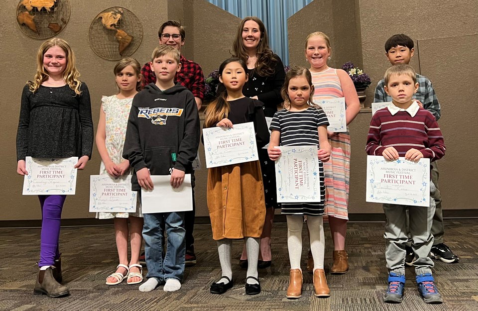 First time performers at Assiniboia and District Music Festival 2023. In the back row, from left, are Ayden Jacobs, Rachel Bourgeois, Brielle Jacobs, and Byeolha Seo. In the front row, from left, are Caimbry Rogers, Lucy Quark, Gavin Rhodes, Ria Seo, Emree Montgomery, and Jonathan Kenes. Missing from photo are Josslyn Eadie, Olivia Eadie, Rhett Pituley, and Daniel Sutherland.