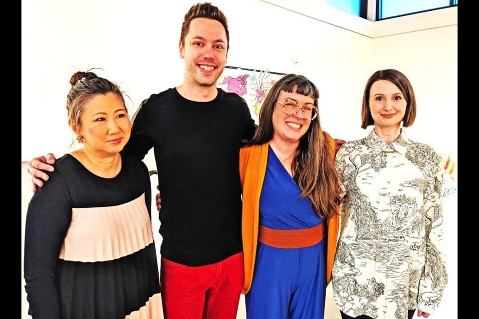 The top vote-getters in the James Weir People's Choice contest for 2022 gathered; from left, Kelly Stephenson, first place; Christopher Borshowa, second place; curator Regan Lanning; and in third, Olha Matiusheva.