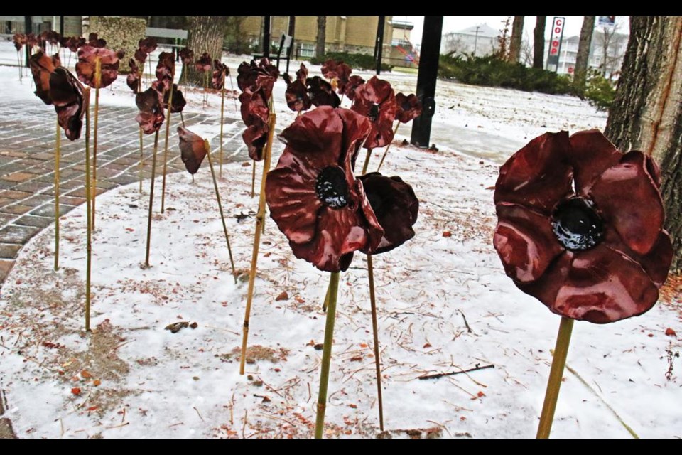 This field of 100 ceramic poppies were created by Weyburn artists Regan Lanning, Elizabeth Lambe and Colleen Tait.