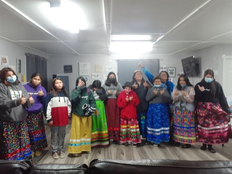 Showing off their beautiful work at the end of the Cote Youth Centre Ribbon Skirt Program  from left, were: Khelia Shingoose, Arianah Friday, Jodi Cote, Courtney Shingoose, Leigh-Anna Badger-Cote, Jenaya Stevenson, Vivian Badger, Rachel Badger, Reese Cote, Eunice Ketchemonia-Cote (instructor), Sindaizah Cote, and Taylor Langan. 