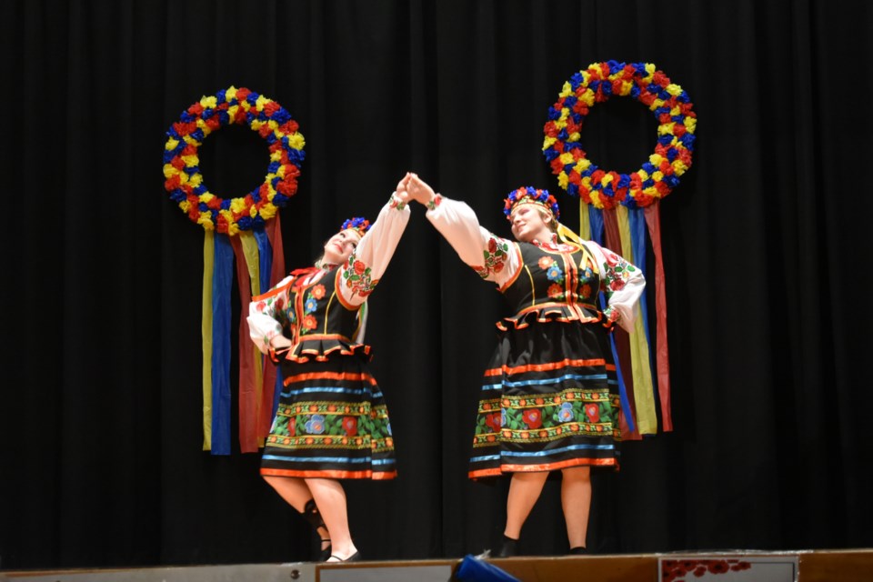 From left, Meesha and Marz Romaniuk performed a Volyn duet at the Sadok Ukrainian Dance Concert on May 2.