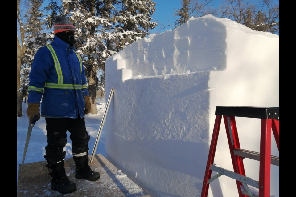 The sculpture roughly eight-foot-tall was created in temperatures dipping to extremes of minus thirty-four degrees Celsius.