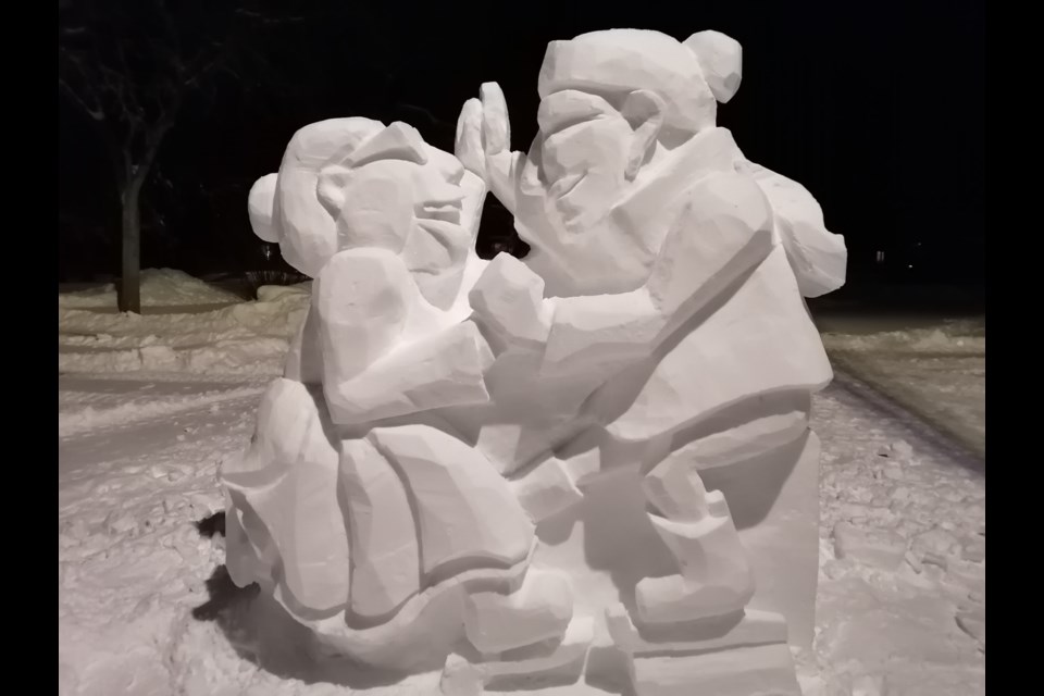 The characters in the sculpture were inspired grandparents, Abe and Ruth, who were married for seventy-one years before they both passed on in 2017