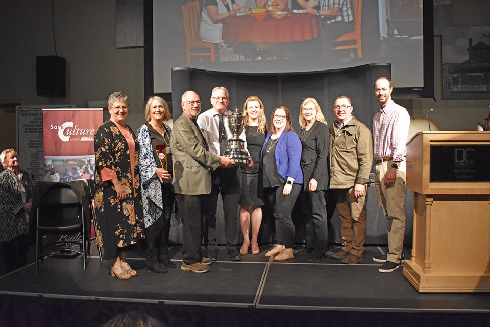 Jenn Ritter, Chris Wagner, Len Taylor, Lorne Gottselig (best director), Jenn Gritzfeld (best leading actress), Krista Loydl, Vicki Cornwell, Rob Gwillim, and Ian Harmon pictured on April 27 when Last Mountain Theatre Company’s production of The Tin Woman was awarded the Mcintosh Memorial Cup for their winning entry.  