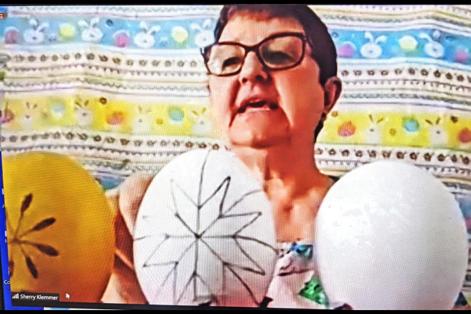 Sherry Klemmer showed a series of eggs to show the stages of making a Ukrainian Easter egg, or pysanka, in a zoom presentation to the Weyburn Rotary Club