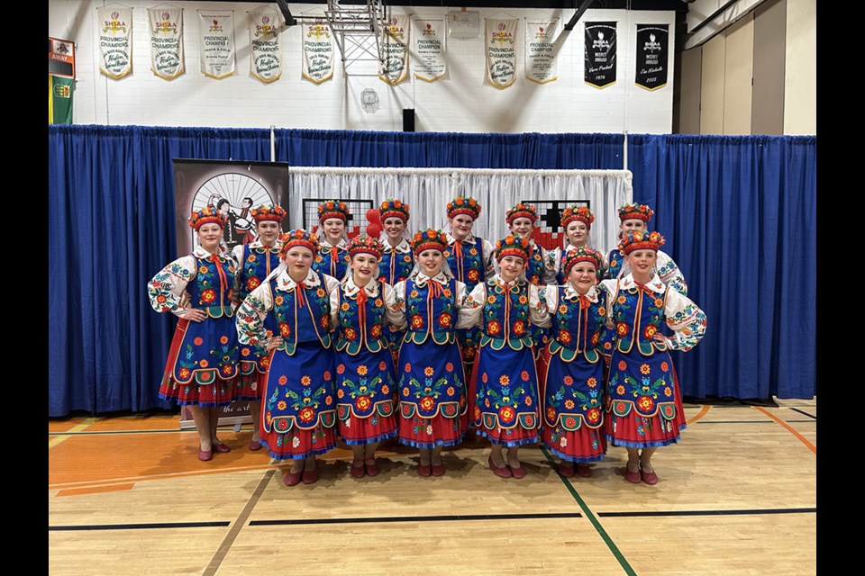 A group made up of members of the Intermediate 2 and Senior Girls groups won a gold medal for their Volyn dance. Group members, from left, are: (back row) Cassidy Wolkowski, Natalie Kosar, Maddy Dutchak, Danielle Dutchak, Tessa Prychak, Mya Dutchak, Rhianna Stefanyshyn and Makayla Heshka; and (front) 
Madison Auchstaetter, Eva Romanchuk, Isabelle Chabun, Madison Dutchak, Isabelle Kondratoff, and Greta Craig.
