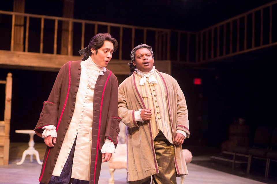 Actors Max Amadeo and Makhosini Ndlovu in a USask production of The Beaux’ Strategem, directed by Julia Jamison and set design by Carla Orosz. 