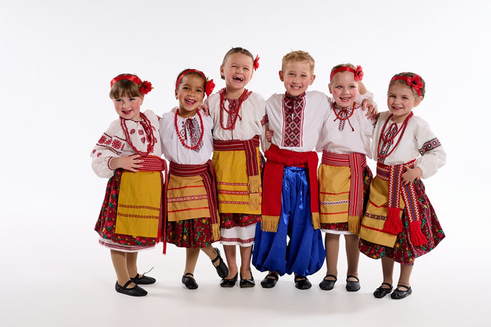Novice group members in their Poltava costumes, from left, are: Samantha Macpherson, Zayda Slowski, Ashey Hofley, Shiandro Danyluk, Emily Prokopetz and Ruth Schomburg.