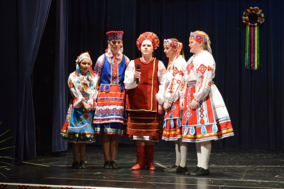 With the ongoing violence in Ukraine, the performance of the Ukraine national anthem carried even more significance than in previous years. Performing Shche Ne Vmerla Ukraina, from left, were: Hannah Dutchak, Danielle Dutchak, Meekah Unick, Madison Dutchak and Tessa Prychak. They were followed by Cassandra Danyluk’s rendition of O Canada.