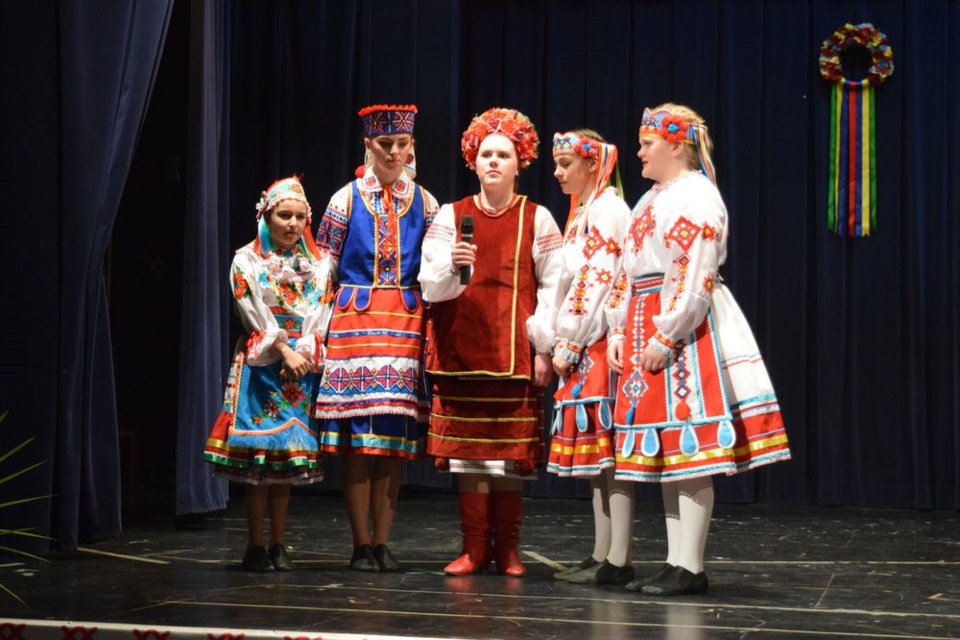 With the ongoing violence in Ukraine, the performance of the Ukraine national anthem carried even more significance than in previous years. Performing Shche Ne Vmerla Ukraina, from left, were: Hannah Dutchak, Danielle Dutchak, Meekah Unick, Madison Dutchak and Tessa Prychak. They were followed by Cassandra Danyluk’s rendition of O Canada.