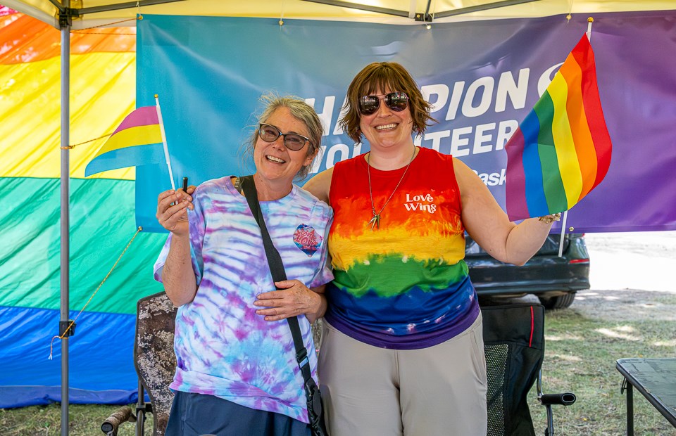 Kelly Waters (organizer of Pride in the Park event) and Sheena Muirhead wave their pride flags.