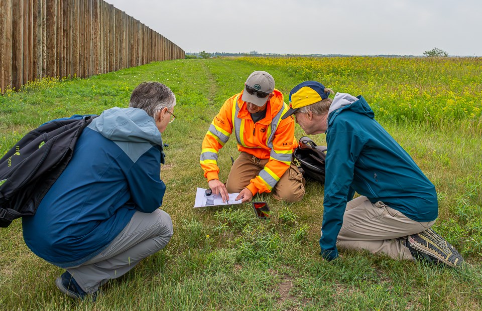 Troy Hunt, the knowledgeable guide for the Prairie blooms tour, showed Laurie Borzel and Wayne Schlapkohl how to identify different plants.