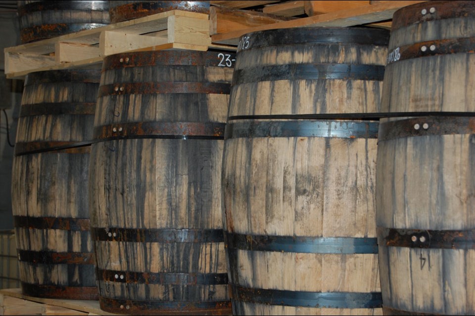 Each barrel is labeled, placed four to a pallet and stacked six high to allow for air movement over the three-year ageing process. 