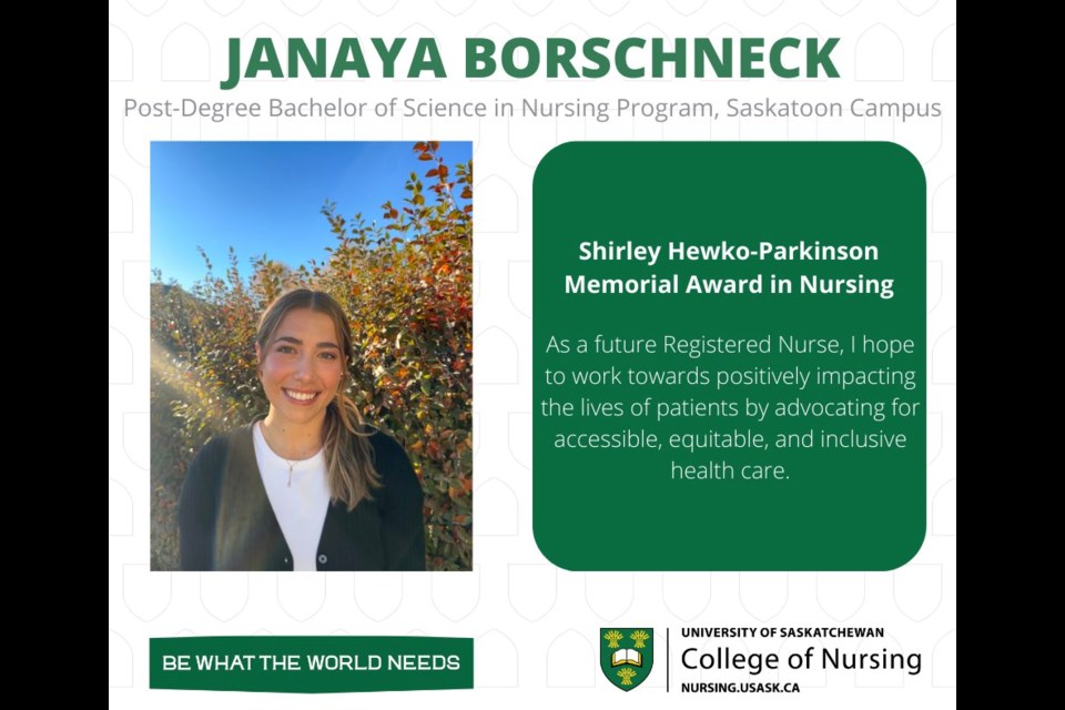 Janaya Borschneck of Kerrobert was the 2023 recipient of the Shirley Hewko-Parkinson Memorial Award in Nursing.