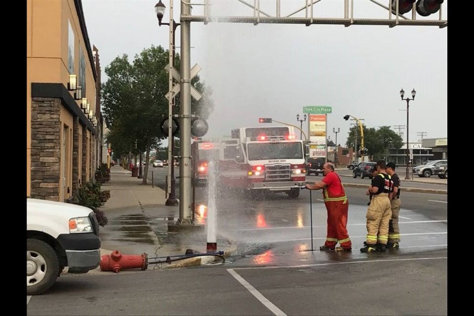 A fire hydrant on Broadway Street appears to have been hit by something Sunday evening.