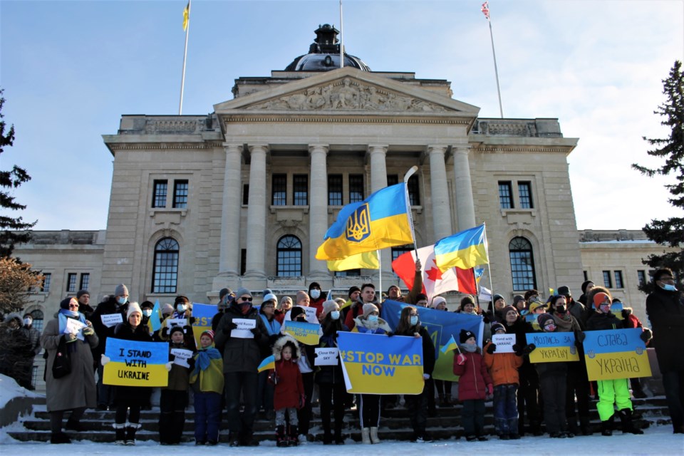 A crowd of supporters gathered in Regina at the legislative building to stand in solidarity with Ukraine.