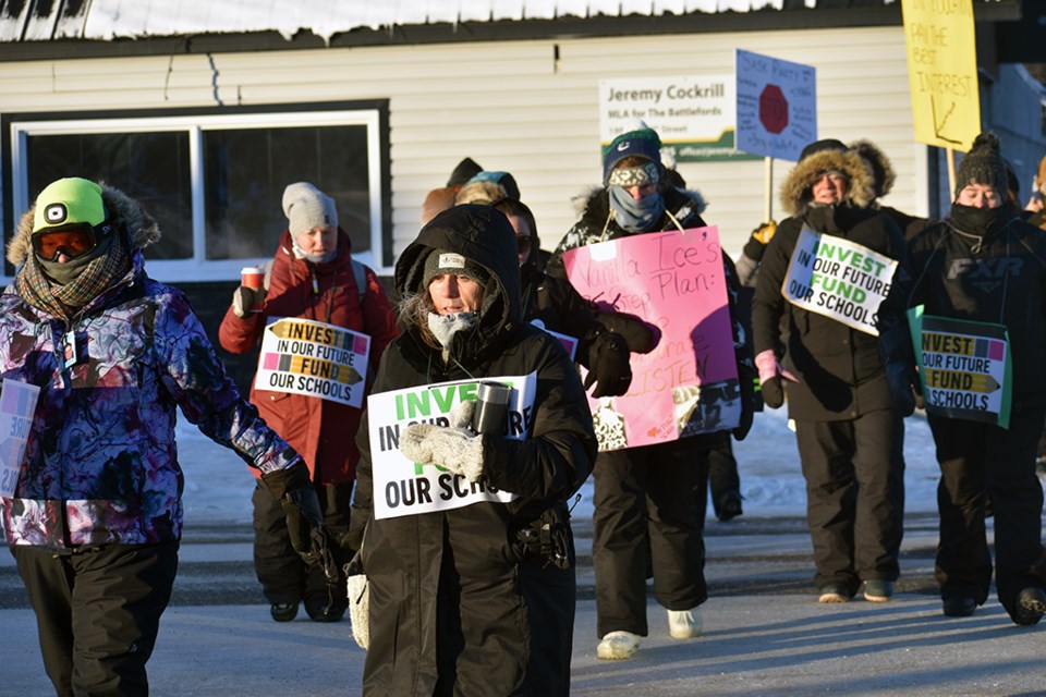 In their first full strike in over a decade, North Battleford's teachers along with others from across three divisions march along 100st Street in -40 degree weather voice their displeasure with the government's level of funding.
