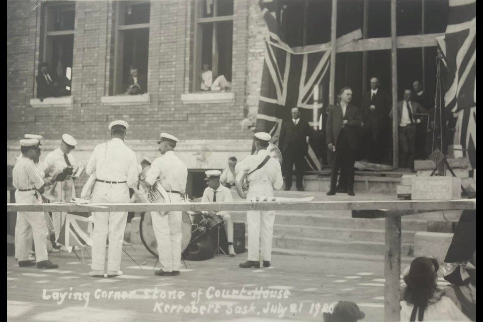 A 1920 photo shows the cornerstone at the right that was discovered to contain a time capsule during a steps restoration project.