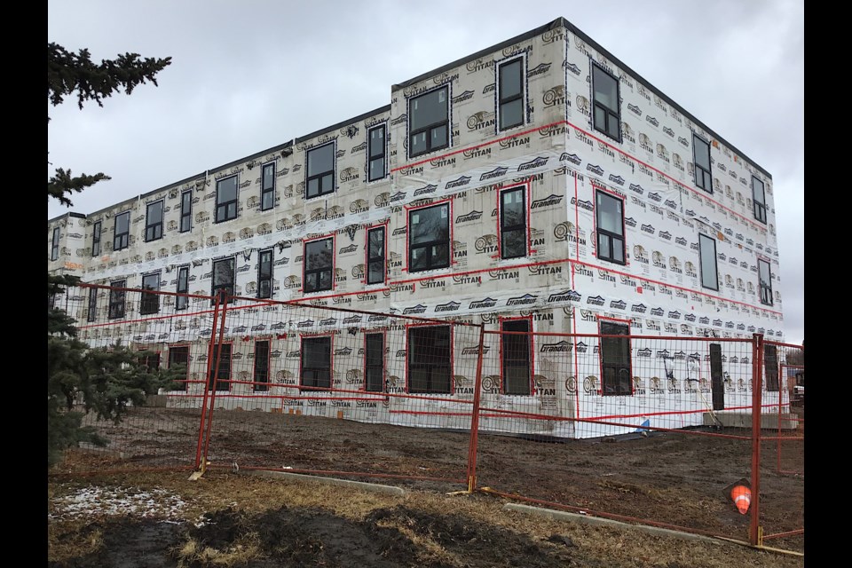 This is the scene at the corner of Broad St. and 5th Avenue as the Rapid Housing Initiative project is now up.