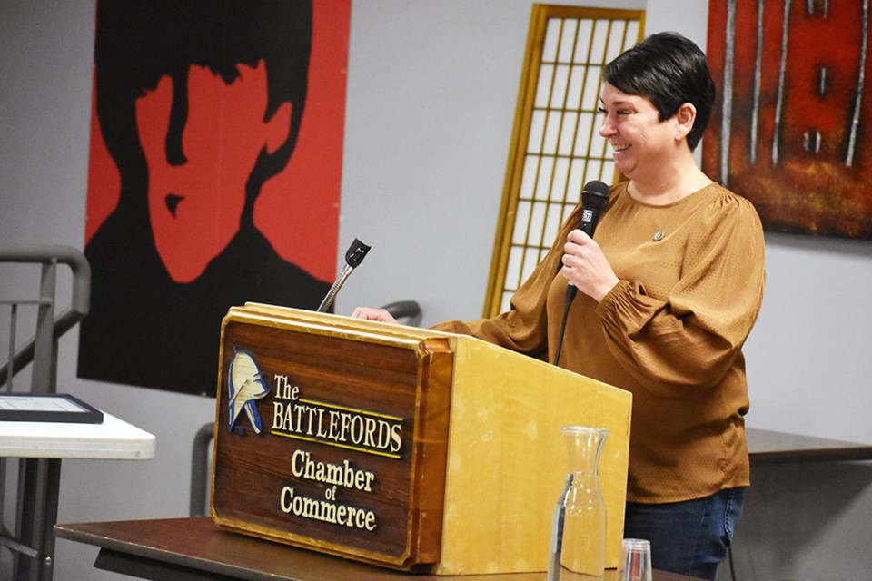 The new chair of the Battlefords Chamber of Commerce speaks to guests.