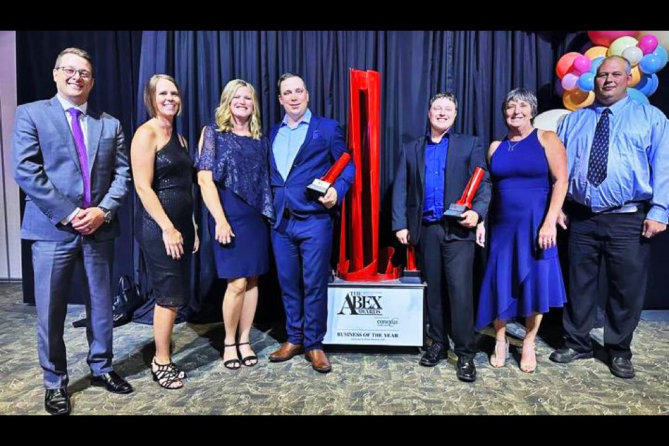Representatives of the Weyburn Chamber of Commerce gathered with the owners and managers of MegaDry Disaster Restoration, as they were presented with two ABEX awards on Saturday night. From left are Stephen Schuck and Monica Osborn, Weyburn Chamber; owners Patty and Ryan Skjerdal, co-owner Tanner Wahl, Donna Skjerdal, and project manager Quinn Langer.