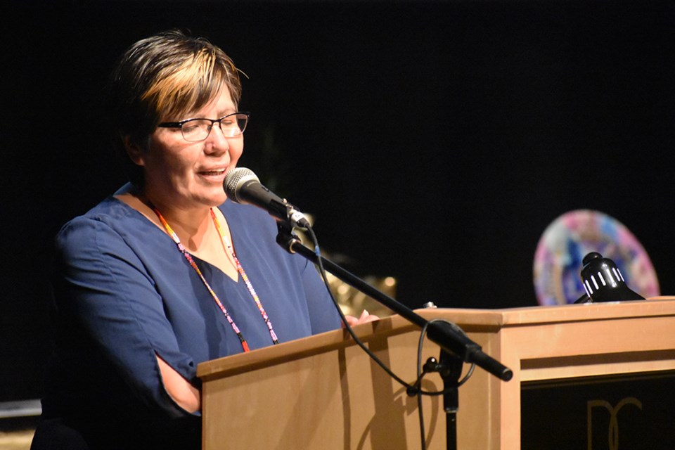 Chief Cheryl Kahpeaysewat of Moosimin First Nation, representing BATC at the BBEX Awards, gives a speech in her traditional language.