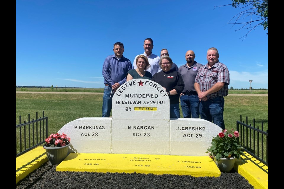 Bea Bruske stopped by the monument at the Bienfait Cemetery that pays tribute to those who died in the Estevan Riot in 1931. 