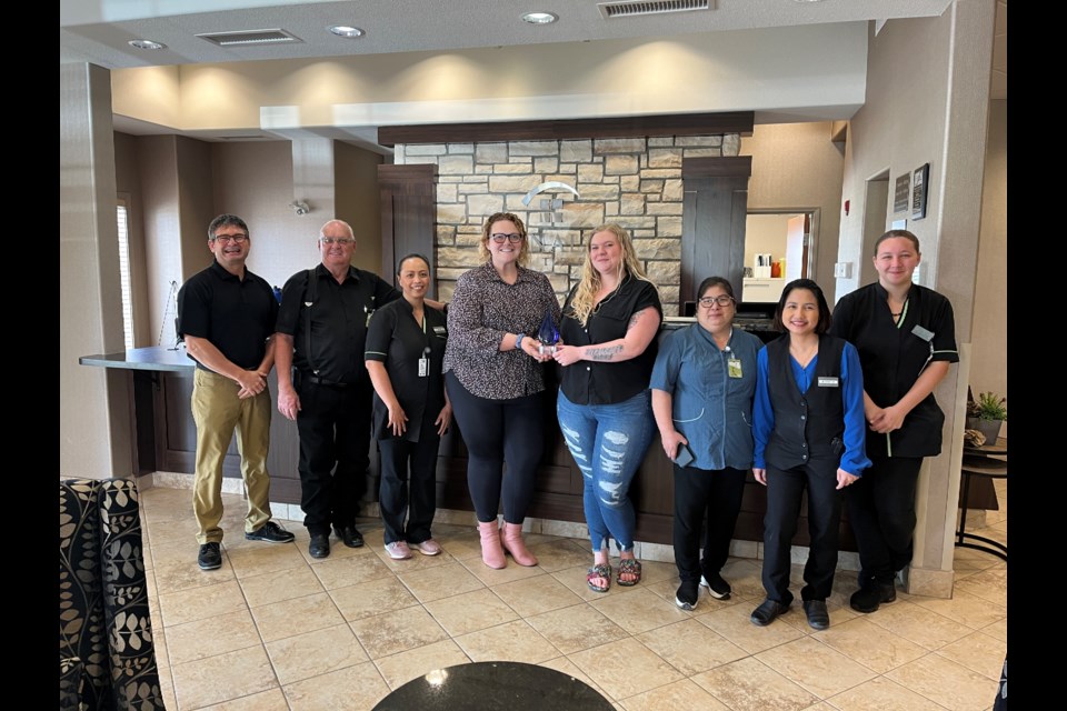 Canalta Assiniboia staff accepted the 2022 Outstanding Performance Customer Experience Award, as they were recognized as the top hotel in the Canalta Hotel brand. From left are staff members Gary Hoffert, Dale Wilson, Meriam Weieb, Jessica Bell, Sophie Morrison, Leilani Palatto, Honey Uberas and Hailey Rasmussen.