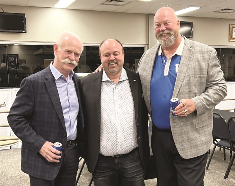 Curtis Nelson, president of the Civic Improvement Association, centre, poses with Sports 
Dinner guests Lanny McDonald, NHL player with Calgary Flames and Toronto Maple Leafs; and 
Chris Walby, Winnipeg Blue Bombers CFL Hall of Famer. The emcee was Rod Peterson. All proceeds from the fundraiser will help costs for the new Southland Co-op Arena.