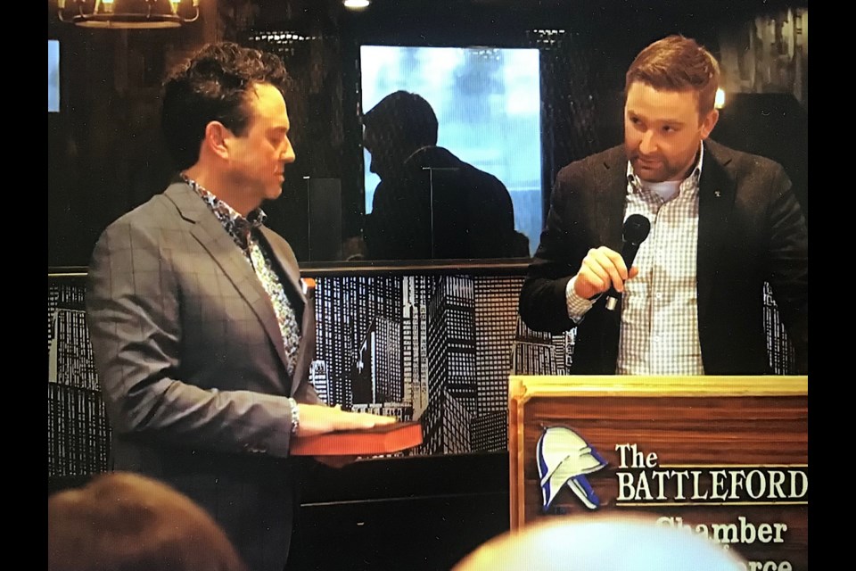 Derek Schmidt, the proprietor of Bill and Don’s Men's Wear in North Battleford, was sworn in as the new Battlefords Chamber chair by Battlefords MLA Jeremy Cockrill.