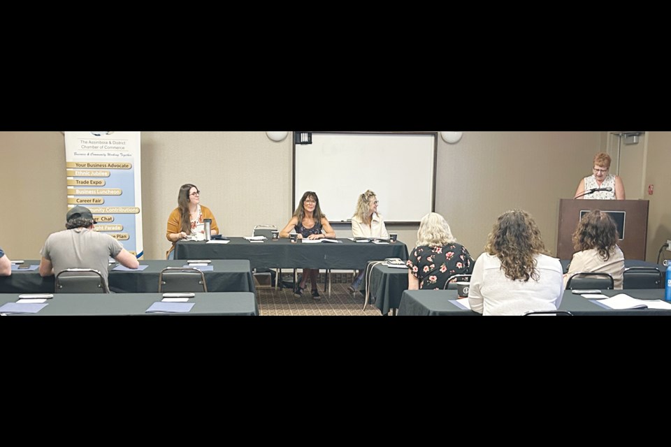 The annual general meeting for the Assiniboia Chamber of Commerce was held May 29. Mayor Sharon Schauenberg gives opening remarks. Seated at the table are board members Nicole Batty, Laurie Stianson, and Shelly Dahlman. 